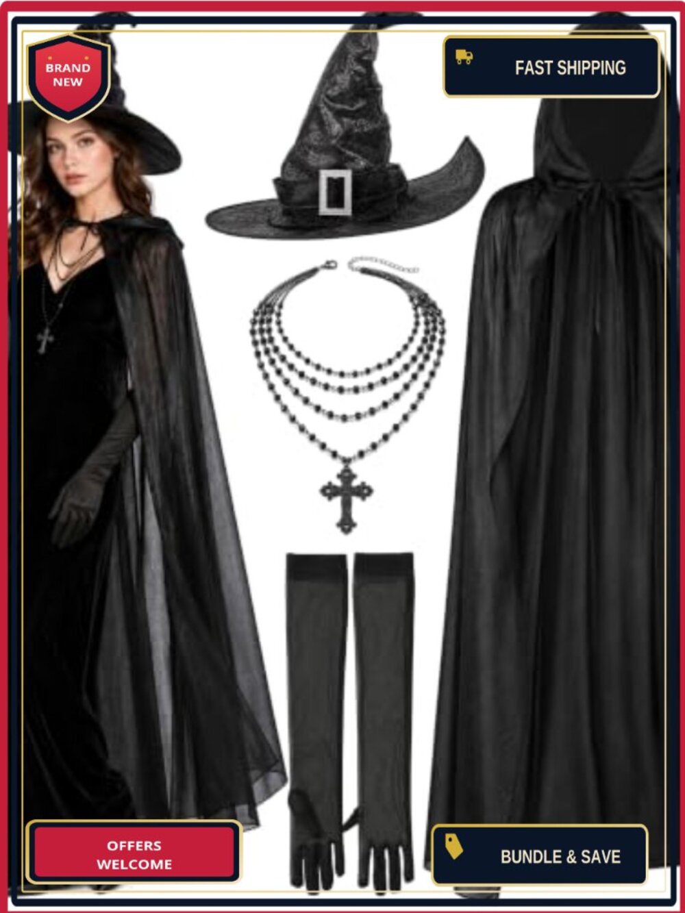 Witch Costume Accessories Set Hat Cape Gloves Necklace Cosplay Halloween